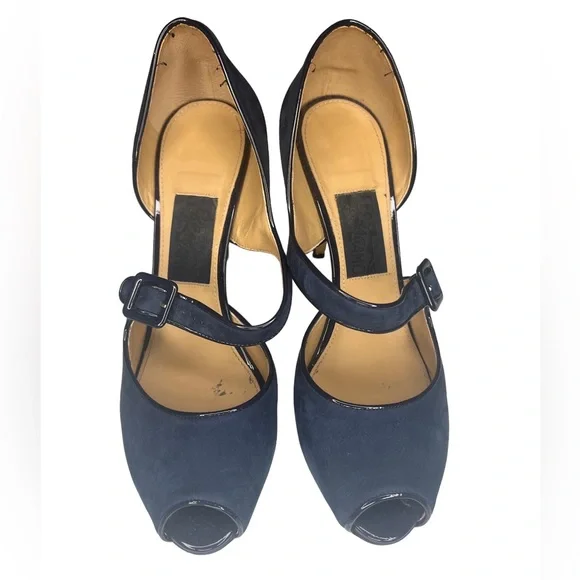SALVATORE FERRAGAMO PEEP TOE BLUE WOMENS HEELS WOMENS SZ 9 - Picture 3 of 11
